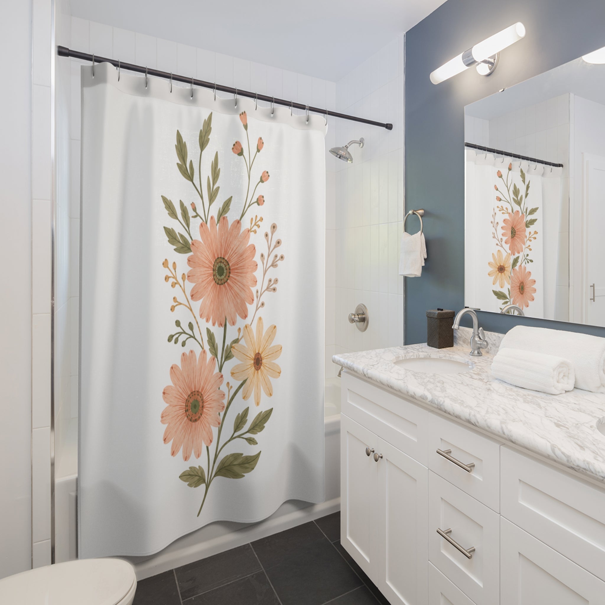 Floral Daisy Shower Curtain — Peach Botanical Bathroom Decor