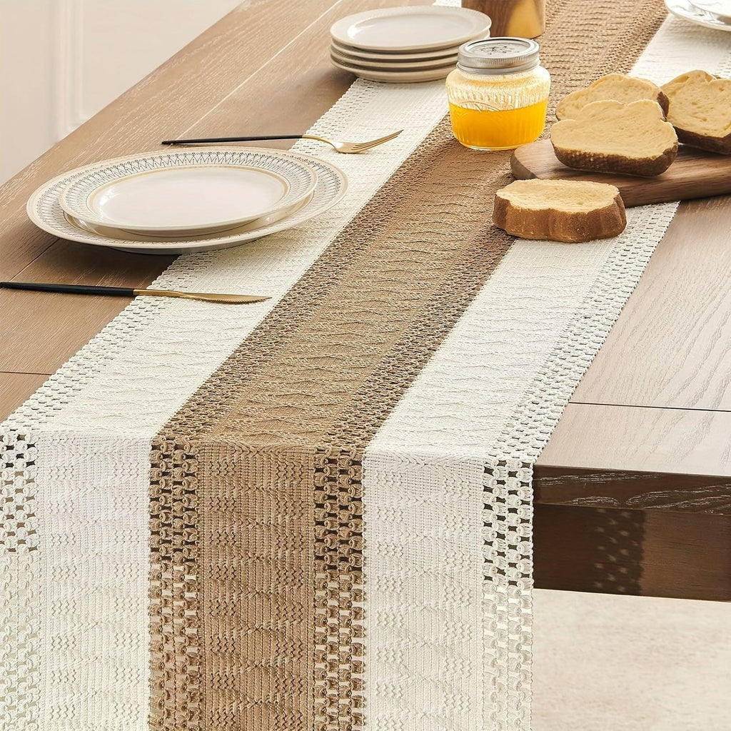[Boho Chic Table Runner] Bohemian Chic Table Runner, 1pc Farmhouse Rustic Cream Brown Design | Macrame Crochet Polyester with Tassels - Infuses Boho Flair for Dining Room, Bedroom, Living Room Decor