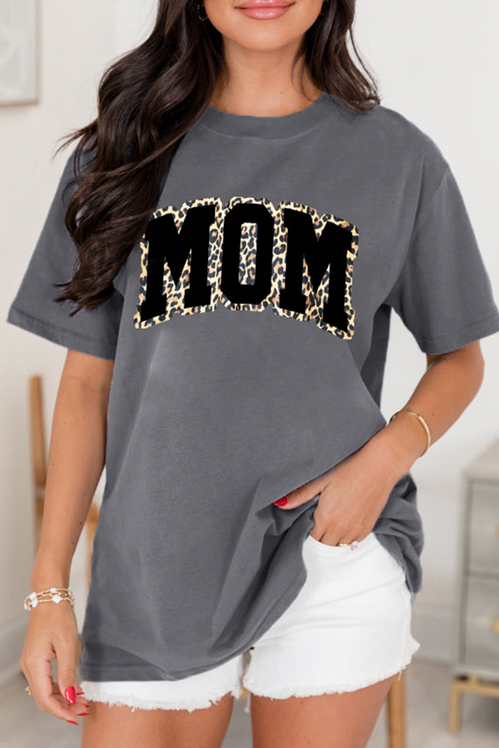 Gray Leopard MOM Graphic Crewneck Mothers Day T Shirt