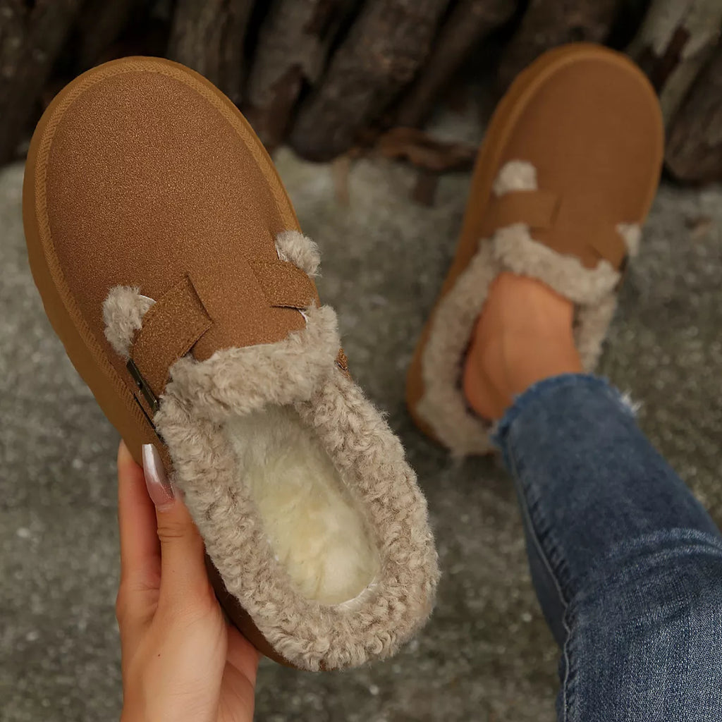Fuzzy Trim Buckle Platform Slippers